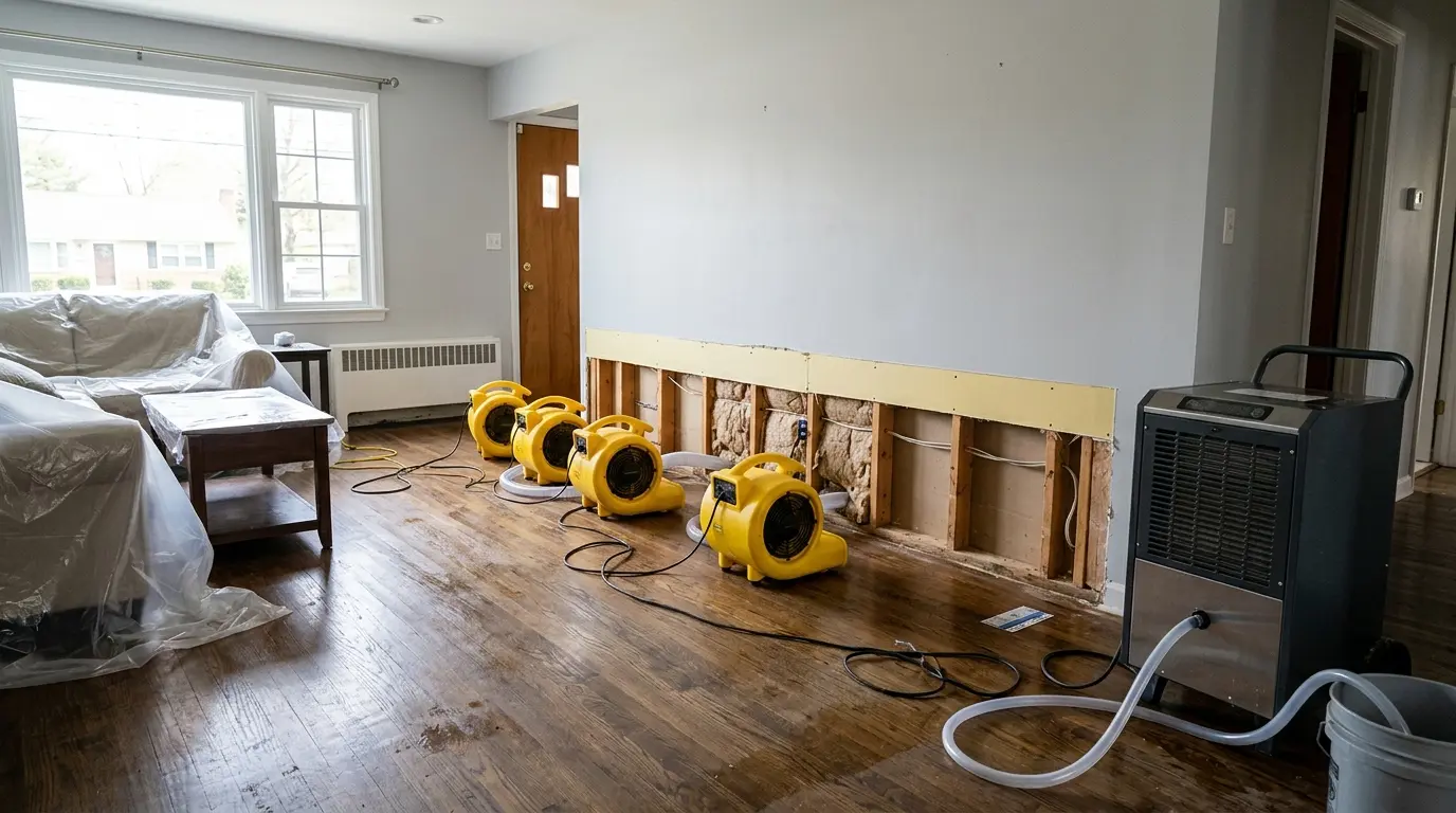 Gold Tech Restoration crew running air movers and dehumidifiers during structural drying in Patchogue